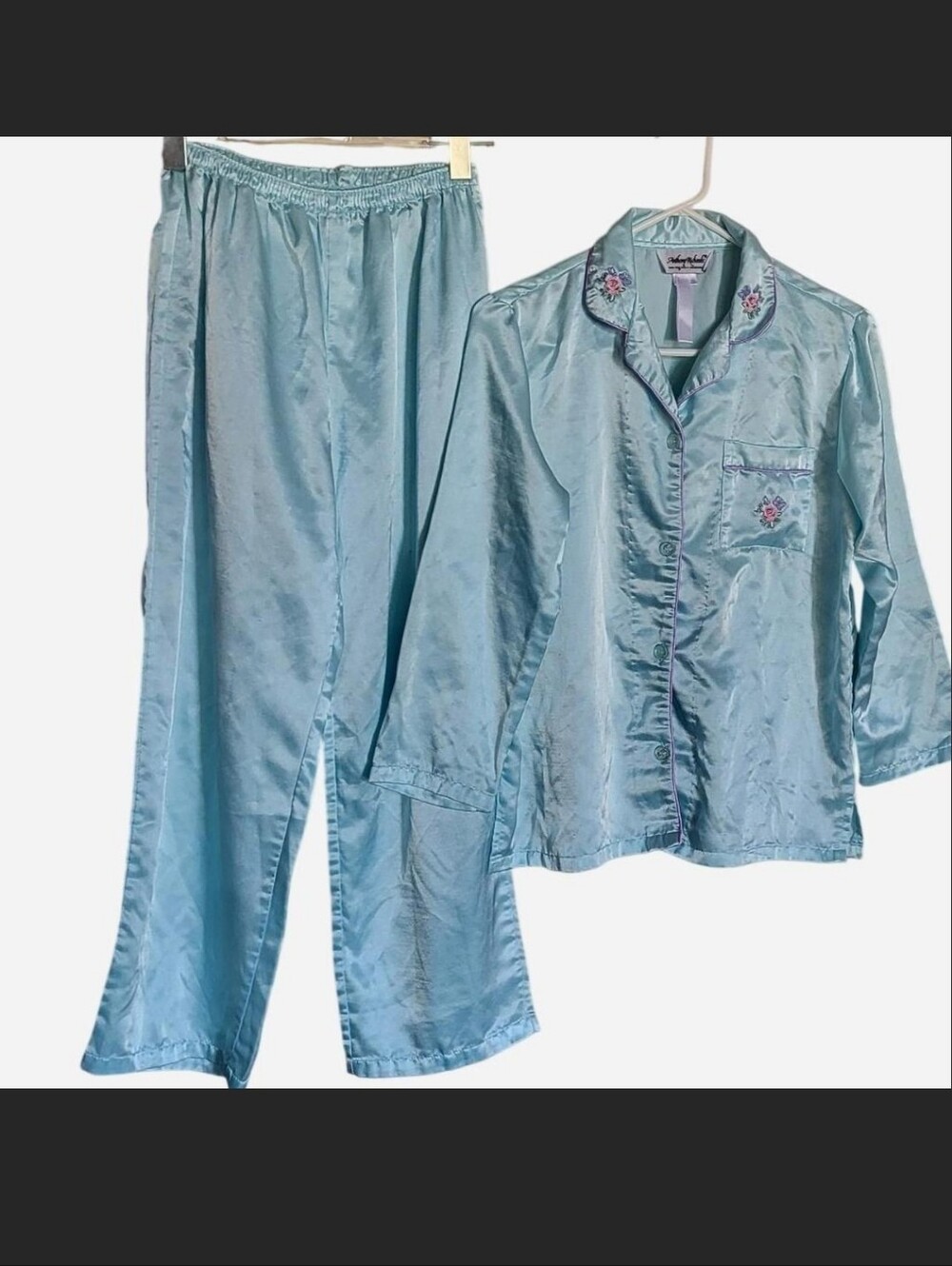 Light blue satin pajama set with embroidered flowers and butterfly